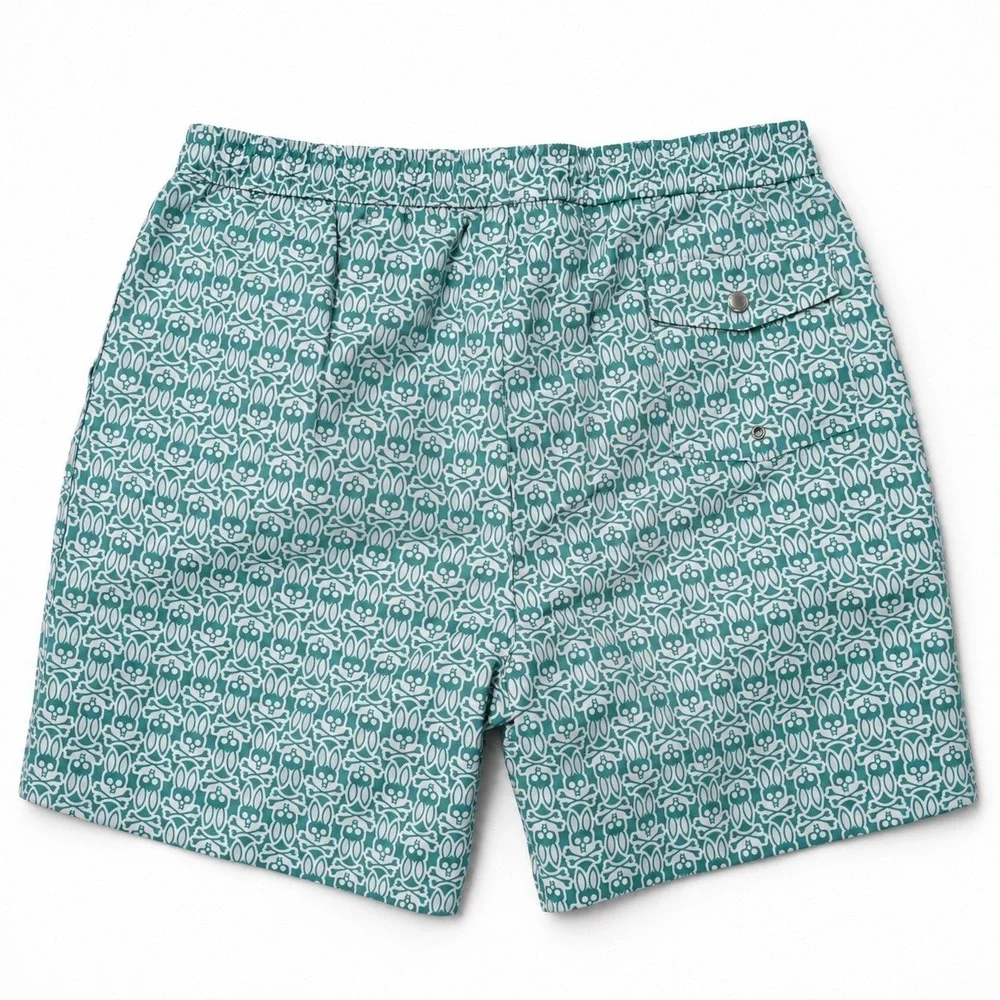 Psycho Bunny Swim Trunks Mens L Teal White Bunny Skull Print Mesh Lined